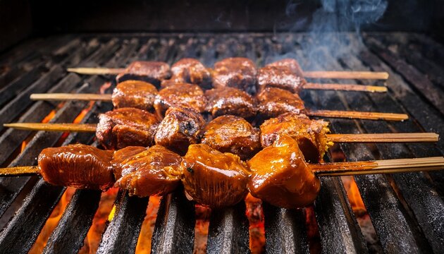 peruvian anticuchos skewers marinated in aji panca sauce grilling over charcoal fire