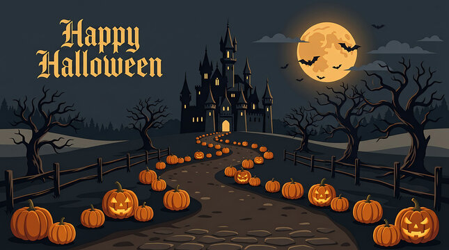 Happy halloween pixel art greeting card design with creepy castle and full moon spooky night retro game jack o lantern dark castle halloween pumpkins nightmare