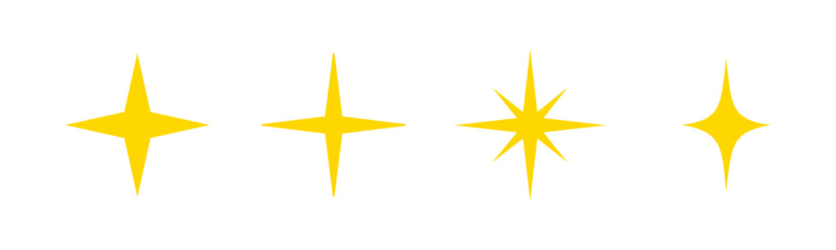 Yellow sparkle star set. Twinkle and shine concepts. four point star symbols. magic glitter indicators. golden sparkle icons. Starburst yellow icon