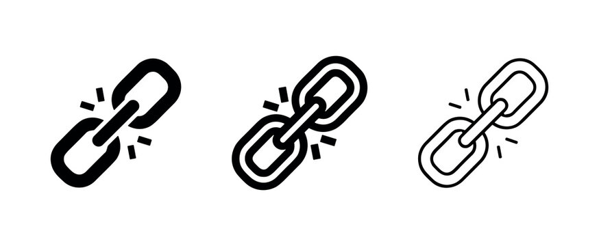 Broken chain link icon set. Disconnected, unlinked, weakness, or separation symbol in various styles.