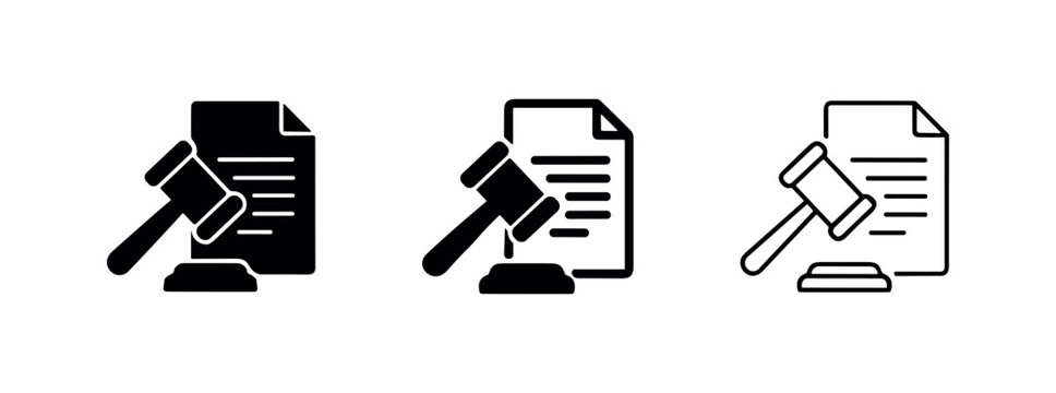 Legal document and justice icon set. Gavel and paper symbol for law and contracts.