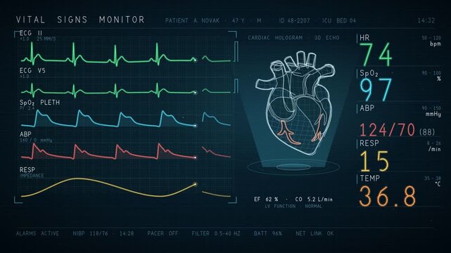Cardiac Monitor Screen With Anatomical Heart Hologram ECG Waveforms and Blood Pressure