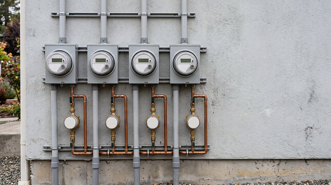 Four residential electrical meters mounted on an exterior wall with copper plumbing pipes below.