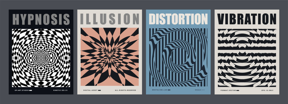 Optical illusion geometric distortion poster set, brutalist op-art patterns with vector ripple waves and radial grid circles, swiss design templates with bold typography for modern flyer print