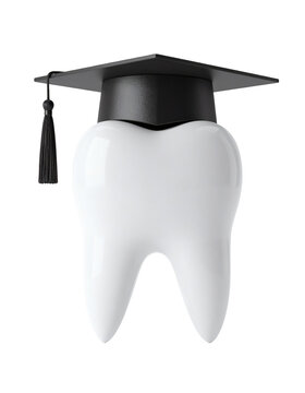 White human tooth wearing a black graduation cap representing dental school education and professional medical training for students&nbsp;