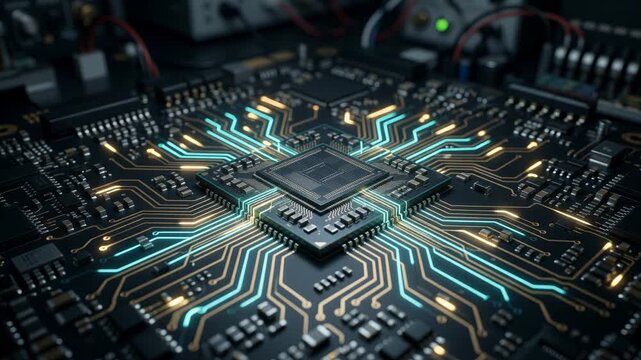 Futuristic microchip on motherboard with glowing gold and blue circuit traces, high-tech computing concept.