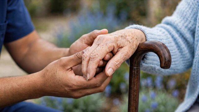 Close-up of caregiver holding senior hand on walking cane, providing support and comfort in outdoor setting.