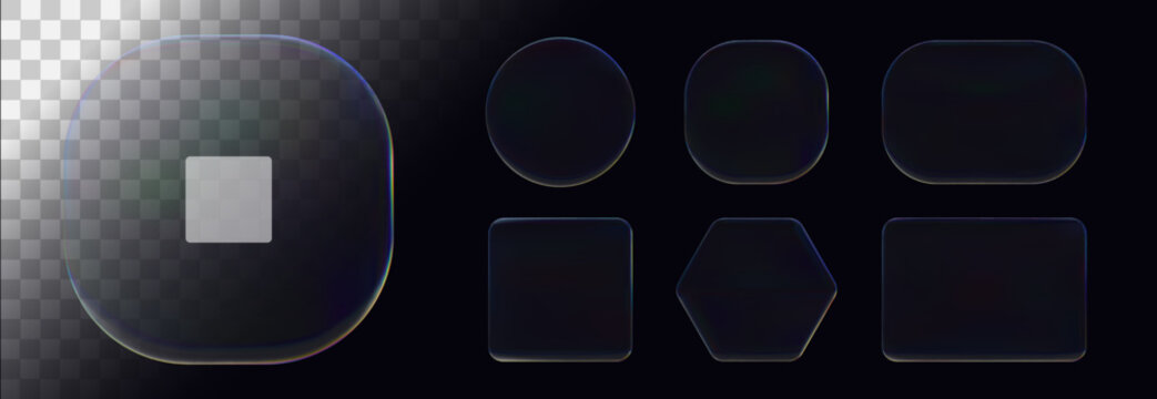 Liquid transparent glass ui button and 3d text box frame with futuristic neon gradient glow circle rectangle square shape badge icon overlay for web website app screen user interface design element