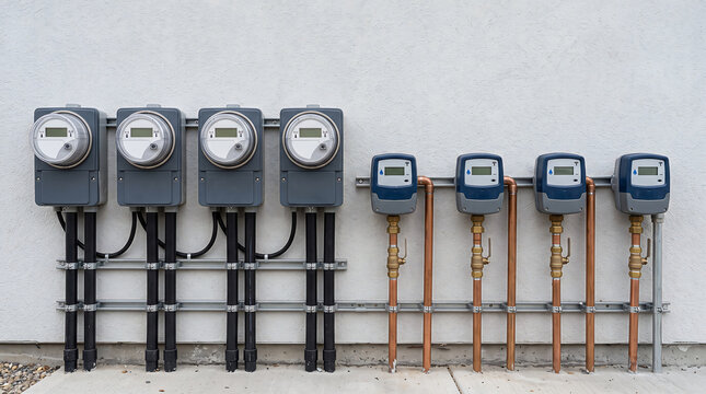Digital utility water meters and electrical meters lined up on wall for residential house usage.
