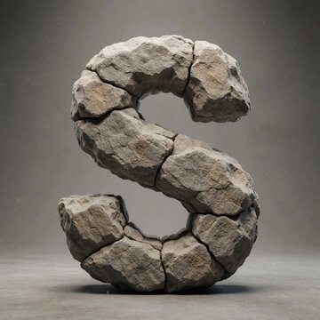 Rough stone letter On gray background. Three dimensional rock character with cracked texture. Heavy granite symbol for typography design creative logo concept. Solid mineral alphabet element with