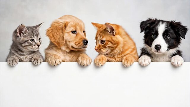 Adorable Group of Puppies and Kittens Peeking Over White Banner and Looking at Each Other in Studio Setting