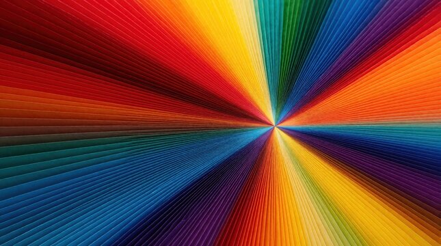 Abstract radial pattern unfolds in spectrum of colors from a central point. Fanned out paper creates vibrant fan shape. Colorful background suggests progress data visualization graphic art.