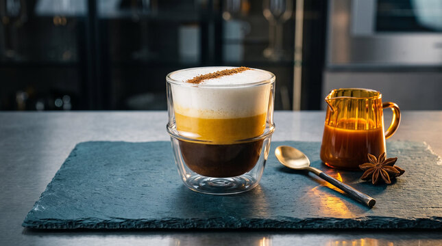 Layered pumpkin spice latte in double-walled glass with caramel pitcher and star anise on dark slate board against moody kitchen backdrop