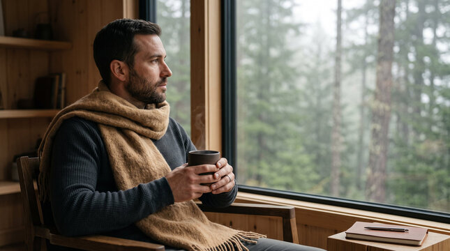 Pensive mid-adult man in warm scarf holding mug, thoughtfully looking out window of cozy wooden cabin against misty pine forest backdrop