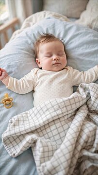 Peaceful infant baby sleeping soundly on blue bedding with arms outstretched in a cozy crib, nursery lifestyle scene with pacifier nearby.