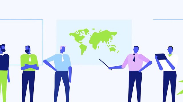 Animated business team in corporate meeting room presenting global world map