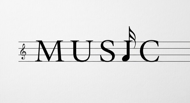 MUSIC text integrated with musical staff and notes