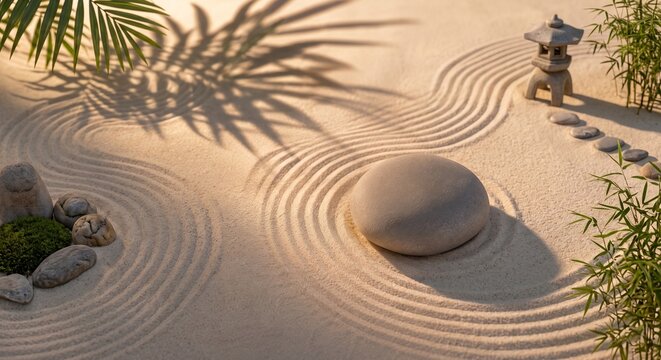 Zen sand garden with stone and palm leaf shadows