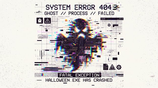Glitching robotic skull with circuit board design and system error message. Digital Halloween cyberpunk concept illustrating software crash, cybersecurity failure, artificial intelligence