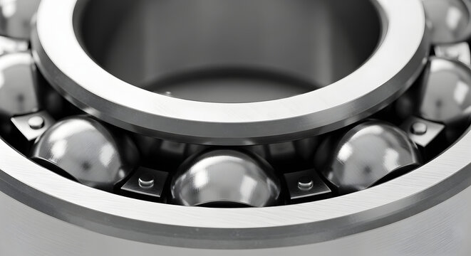 Extreme closeup of a ball bearing with polished steel spheres and races