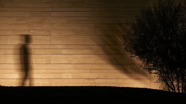 Ghostly shadow figure walks away from illuminated wall next to tree