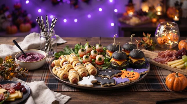 Halloween party table with spooky burgers, mummy sausages, monster appetizers, themed cookies, pumpkin decorations and festive food spread