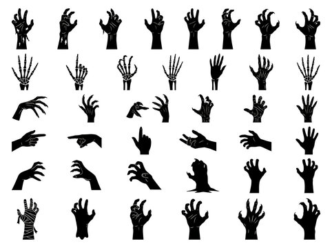 Collection of black silhouettes depicting various zombie and skeletal hands on a white background
