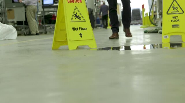 safety caution wet floor signs in a large manufacturing plant