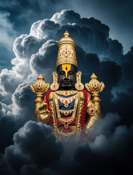 Lord Vitthal statue adorned with gold and jewels against dramatic stormy clouds. Represents Hindu deity during Indian religious festival celebration.