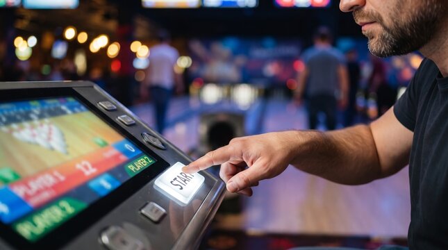 Bearded man pressing start button on interactive arcade game console in entertainment venue. Leisure gaming, digital competition, recreation and modern amusement concept