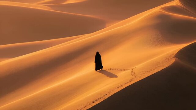 A vivid portrayal of a desert landscape at sunset. The main subject is a solitary figure, silhouetted against the warm orange and yellow hues of the setting sun. The figure stands in the center of.