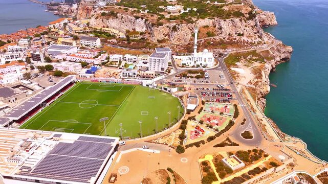 Aerial view of victoria stadium and rock of gibraltar