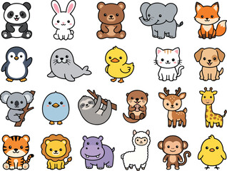 Naklejka premium Cute Kawaii Baby Animals Cute Zoo Pets Vector Sticker Set