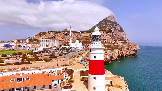 Europa point lighthouse and rock of gibraltar aerial view