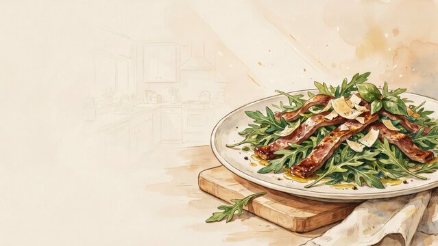 A national dish of Italian cuisine. 
Straccetti con rugola &mdash; a dish made of fried thin strips of beef, laid on a bed of arugula and sprinkled with Parmesan shavings. Photo with space for text. 