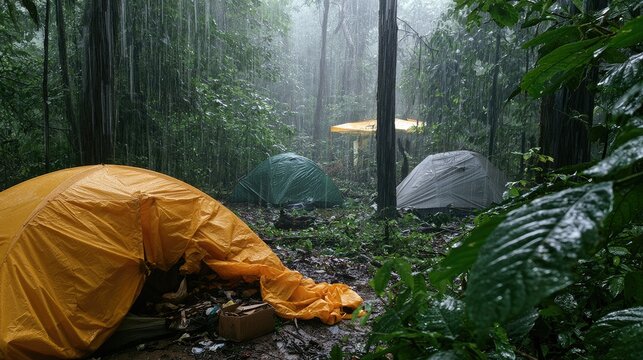 Tents shelter campers in a misty, vibrant jungle downpour