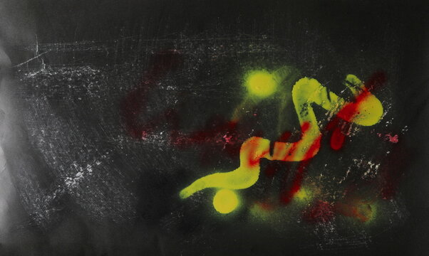 Paint stained and scratched black paper background, colorful scrabble, design element