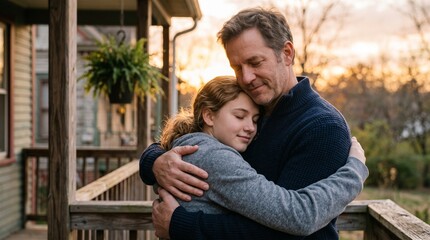 Fototapeta premium Father and Daughter Embrace on Porch at Sunset Warm Affectionate Moment