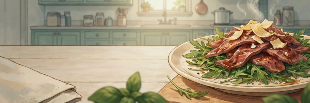 A national dish of Italian cuisine. 
Straccetti con rugola &mdash; a dish made of fried thin strips of beef, placed on a bed of arugula and sprinkled with Parmesan shavings. A banner with space for text. 