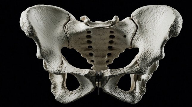 Anatomical human pelvis bone structure isolated on dark background. Shows skeletal anatomy, sacrum, coccyx, ischium, pubis. Medical science health education graphic.
