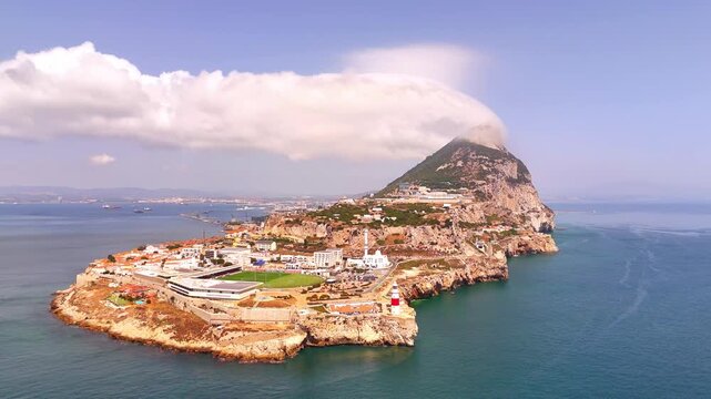 Aerial view of gibraltar rock with levanter cloud formation