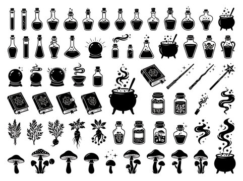 Black silhouettes of magic potions spell books and mystical objects on a white background