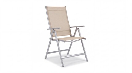 Fototapeta premium Beige folding metal beach chair with armrests isolated on white background, studio shot with copy space.