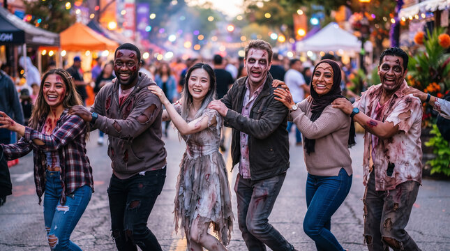 Diverse group of friends dressed as zombies dancing together at an outdoor Halloween festival. Festive nightlife, costume party, horror entertainment, and community celebration