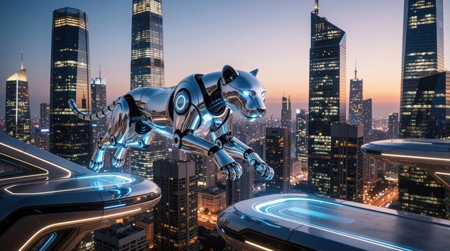 Cybernetic robot cat leaps between metallic platforms in futuristic city. Chrome feline jumps over urban skyscrapers during sunset. Advanced AI animal moves through high tech cityscape with glowing