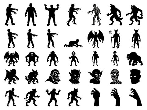 Collection of halloween monster silhouettes on a white background for spooky designs