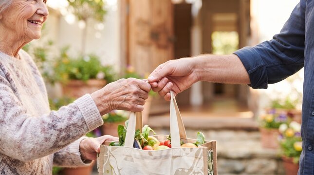 Senior woman receiving a reusable grocery bag from a man at home. Community support, food donation, care for elderly person, sustainable shopping, and volunteer assistance concept
