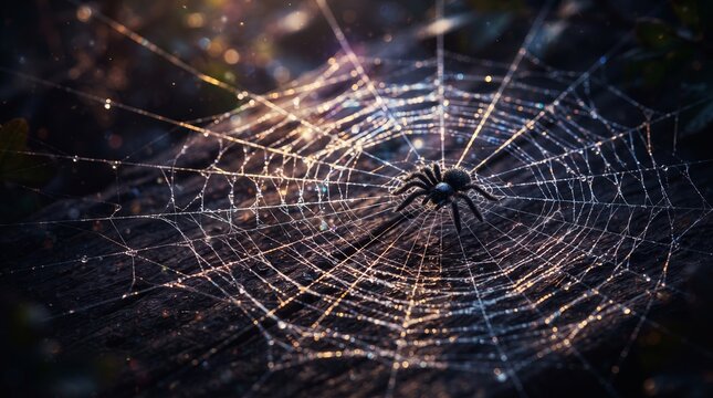 Black spider resting on an intricate web illuminated by evening light. Wildlife macro scene symbolizing Halloween, mystery, nature, and predator survival
