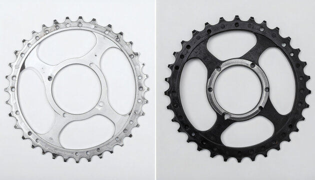 Bicycle chainring gear set showing silver and black metal components isolated on a plain white studio background for repair