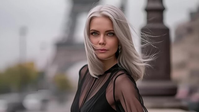 Paris, France, Europe. A portrait of a woman with platinum blonde hair, captured in a side profile. She wears a sheer, black dress with vertical stripes.